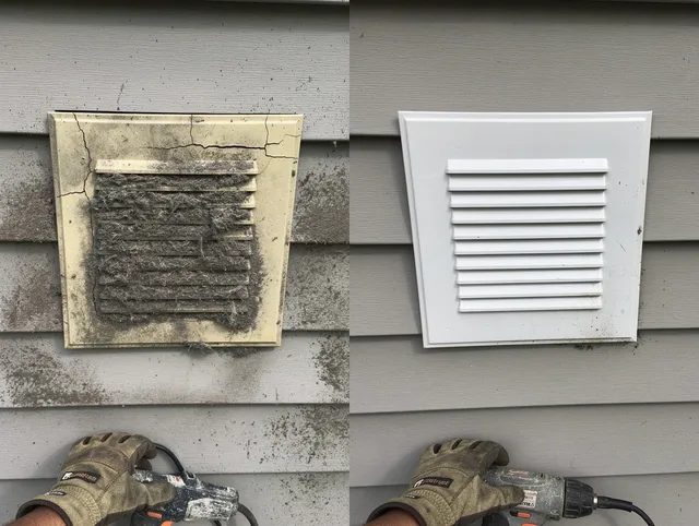 Hawthorne Dryer Vent Cleaning technician installing high-quality dryer vent cover at a residential property in Hawthorne